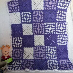 Lap Size Granny Square Purple and White Crochet  Lap Blanket 29" X 36" Handmade